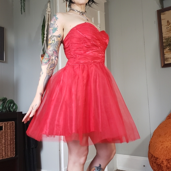 SOLD 80s Vintage Red Tulle Minidress Medium Sheer 1980s Prom Party Mini Dress - Picture 12 of 15